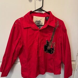 Red Button-Up Shirt with Guitar Embroidery